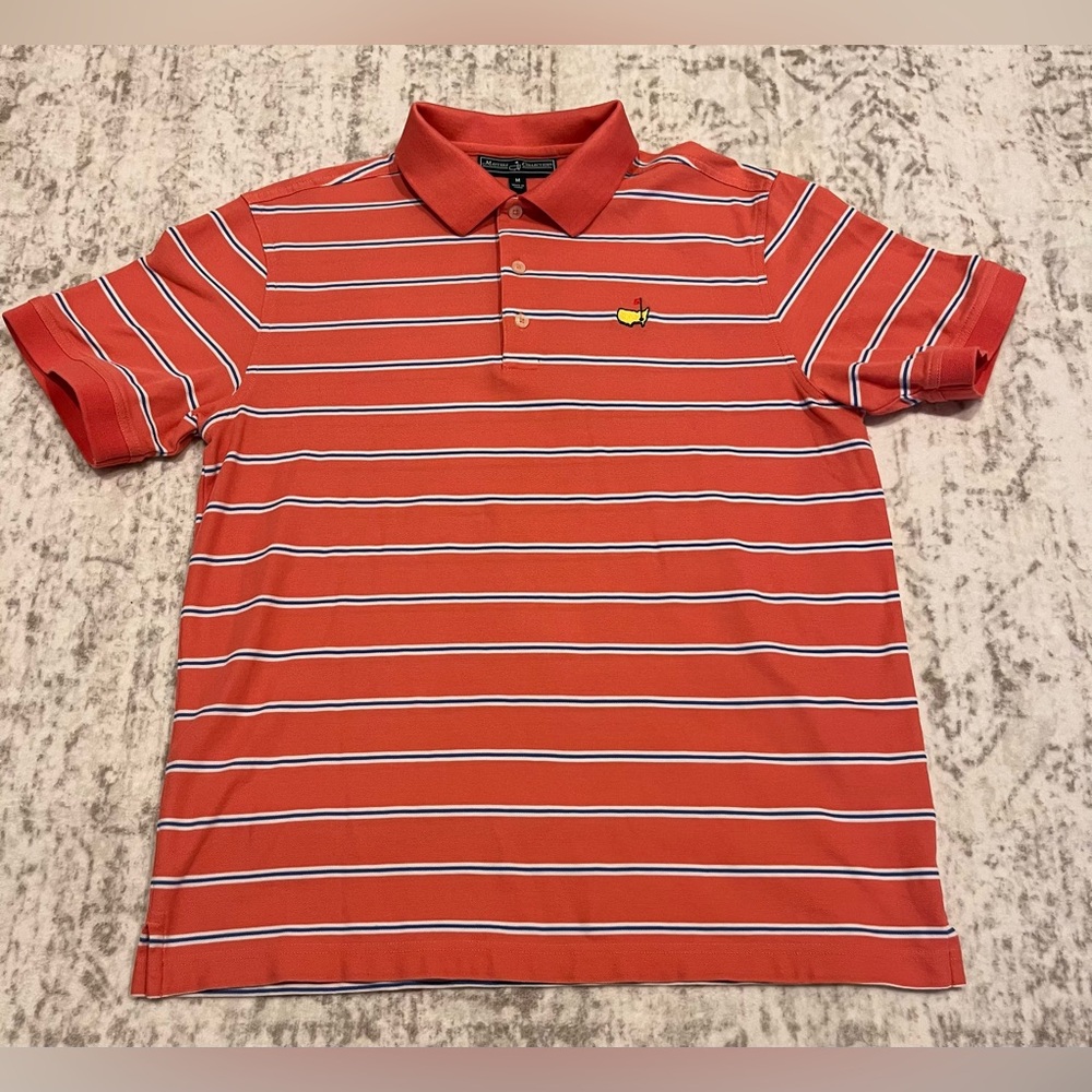 Masters Men’s Medium Salmon & Blue Striped Polo Shirt EUC